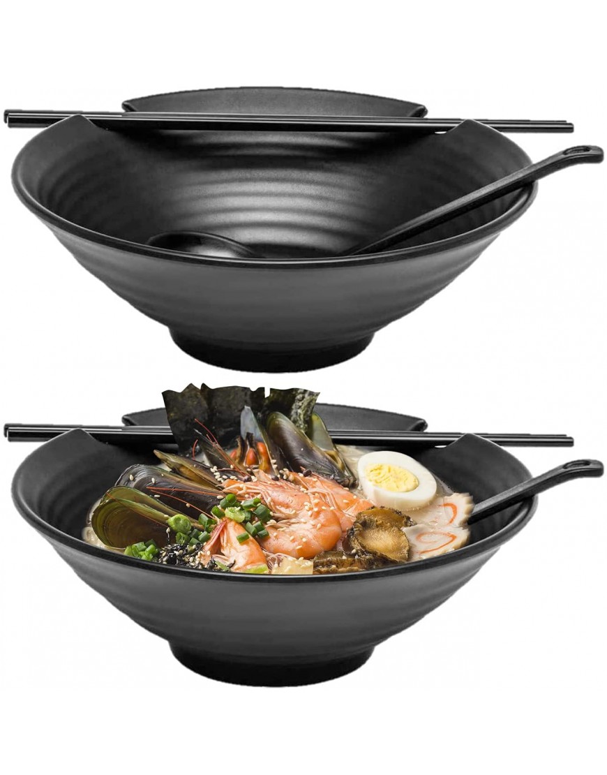 Ramen Bowl Set of 2 6pcs Total with Chopsticks Black Melamine Bowls with Soup Ladle Spoons and Large 37 oz Noodle Bowl