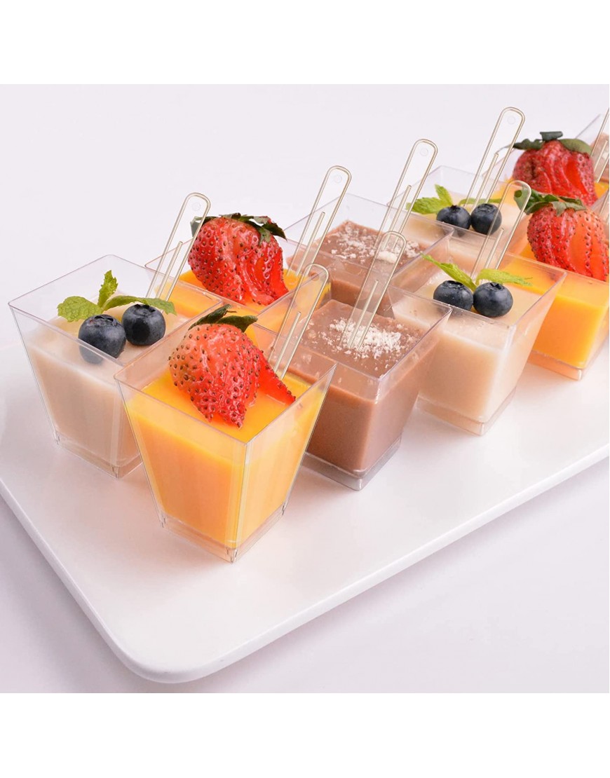 Ruisita 72 Pack 5.4 Ounces Dessert Cups with Hard Lids Spoons Clear Plastic Cups Square Dessert Serving Cups Mini Tumbler Serving Cups Appetizer Fruit Mousse Parfait Cups for Holiday Party Wedding