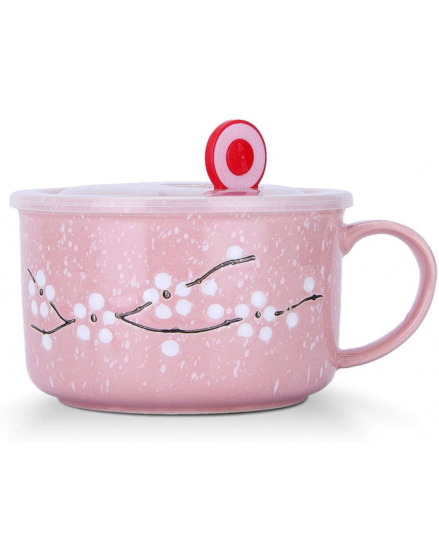 VanEnjoy 30oz Ceramic Bowl Set with Lid & Handle,Cherry Blossoms Among Snow Flake Pattern,Microwave for Instant Noodle Sara Cereal Bowl Pink