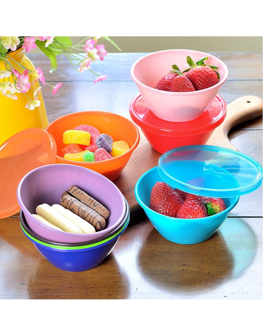 Youngever 12 Ounce Plastic Bowls with Lids Snack Bowls Small Bowls Food Storage Containers Set of 9 in 9 Assorted Colors