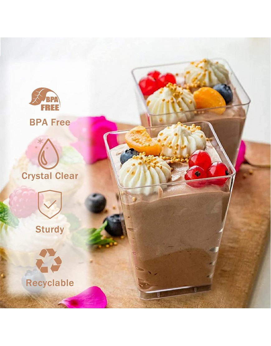 Zezzxu 50Pack 5oz Square Clear Plastic Dessert Cups with Spoons Mini Tumbler Serving Cups for Tasting Party Desserts Appetizers Fruit Parfait Trifle Mousse Pudding