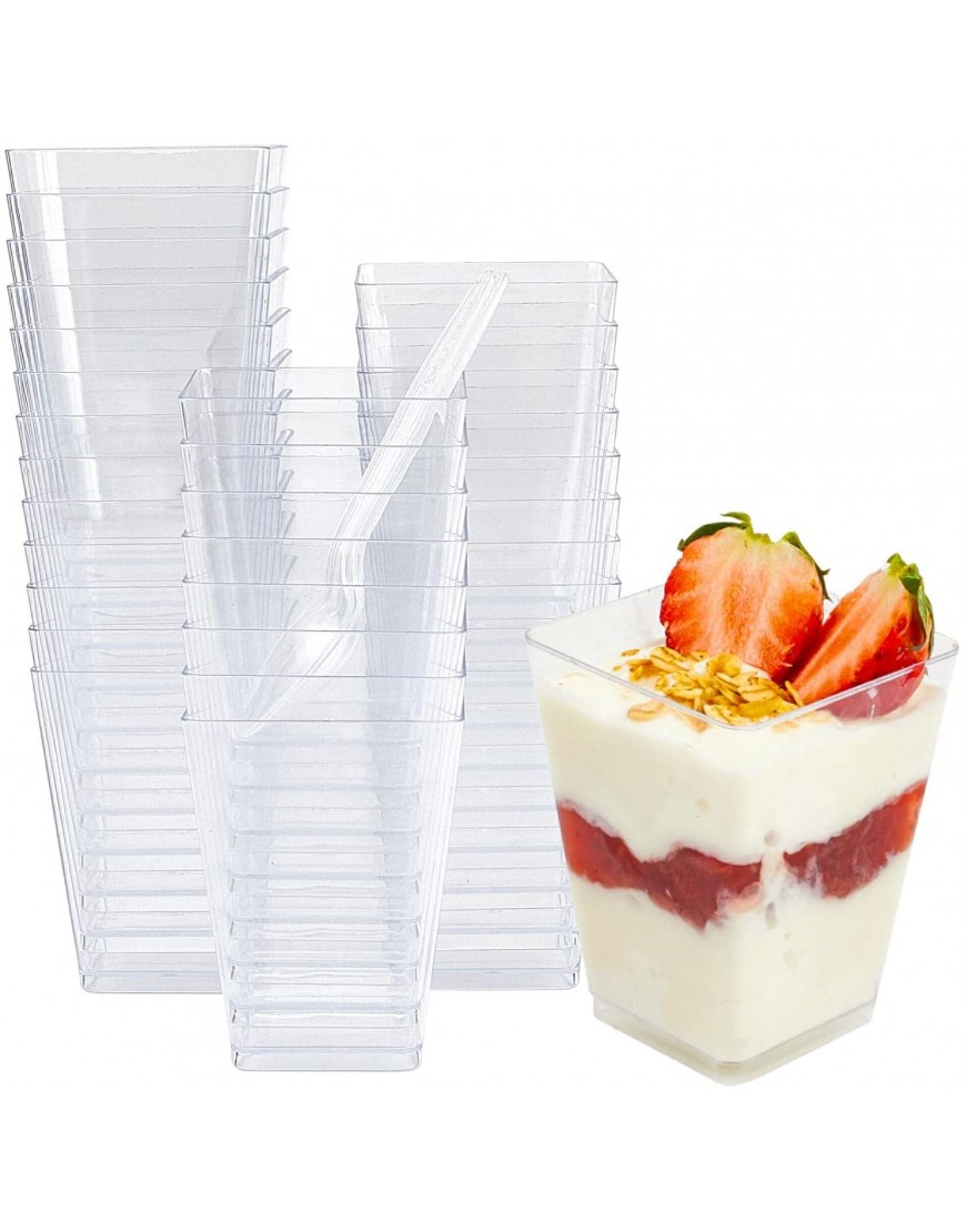 Zezzxu 50Pack 5oz Square Clear Plastic Dessert Cups with Spoons Mini Tumbler Serving Cups for Tasting Party Desserts Appetizers Fruit Parfait Trifle Mousse Pudding