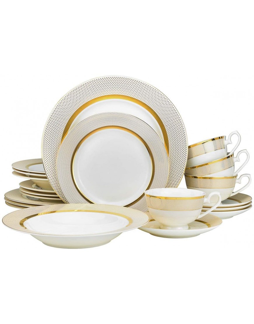 20-pc Bone China Porcelain Dinnerware Set w Golden Rims Elegant Dinner Set with Gilding Dinner Plates Soup Plates Salad Plates Tea Cups and Saucers Set for 4