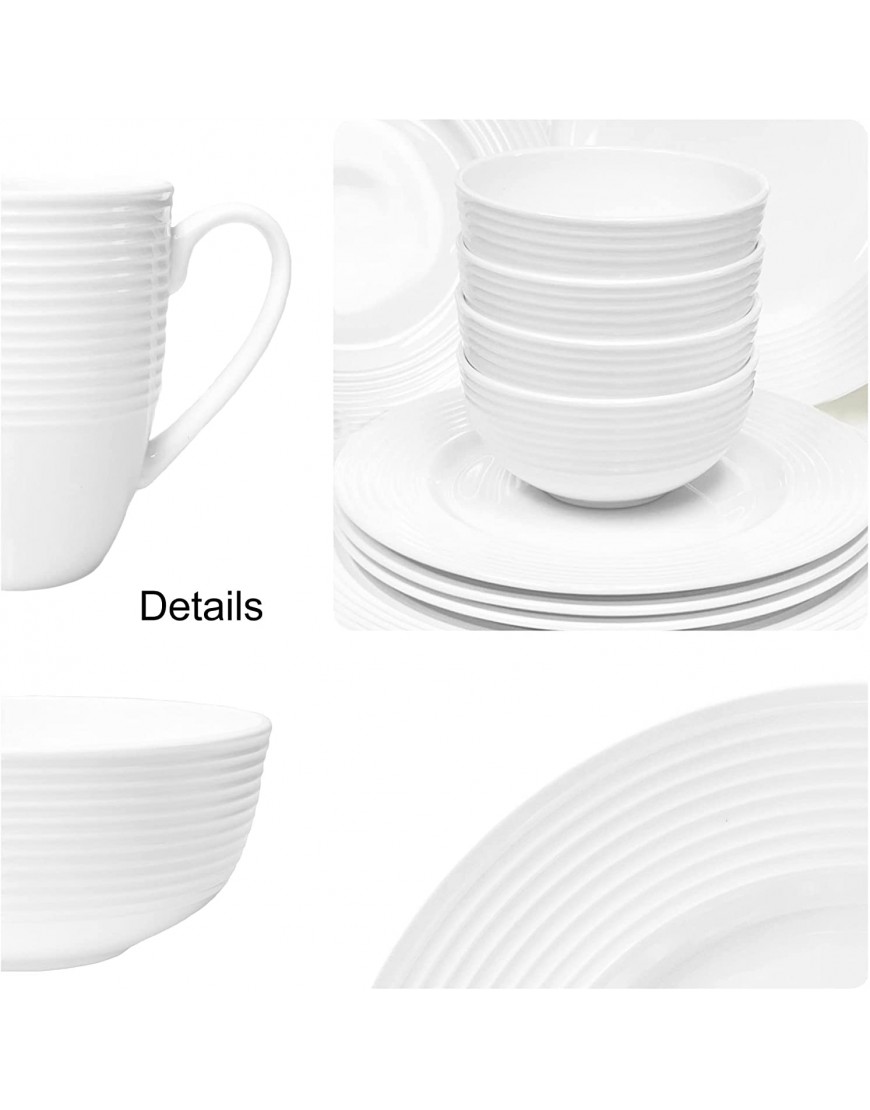 Bone China 20 Piece Dinnerware Dish Set Service for 4 White Embossed Circle Microwave Safe Translucent Elegant giftware Essential Home Formal and Everyday Living Kitchen Dishes Dinner Set