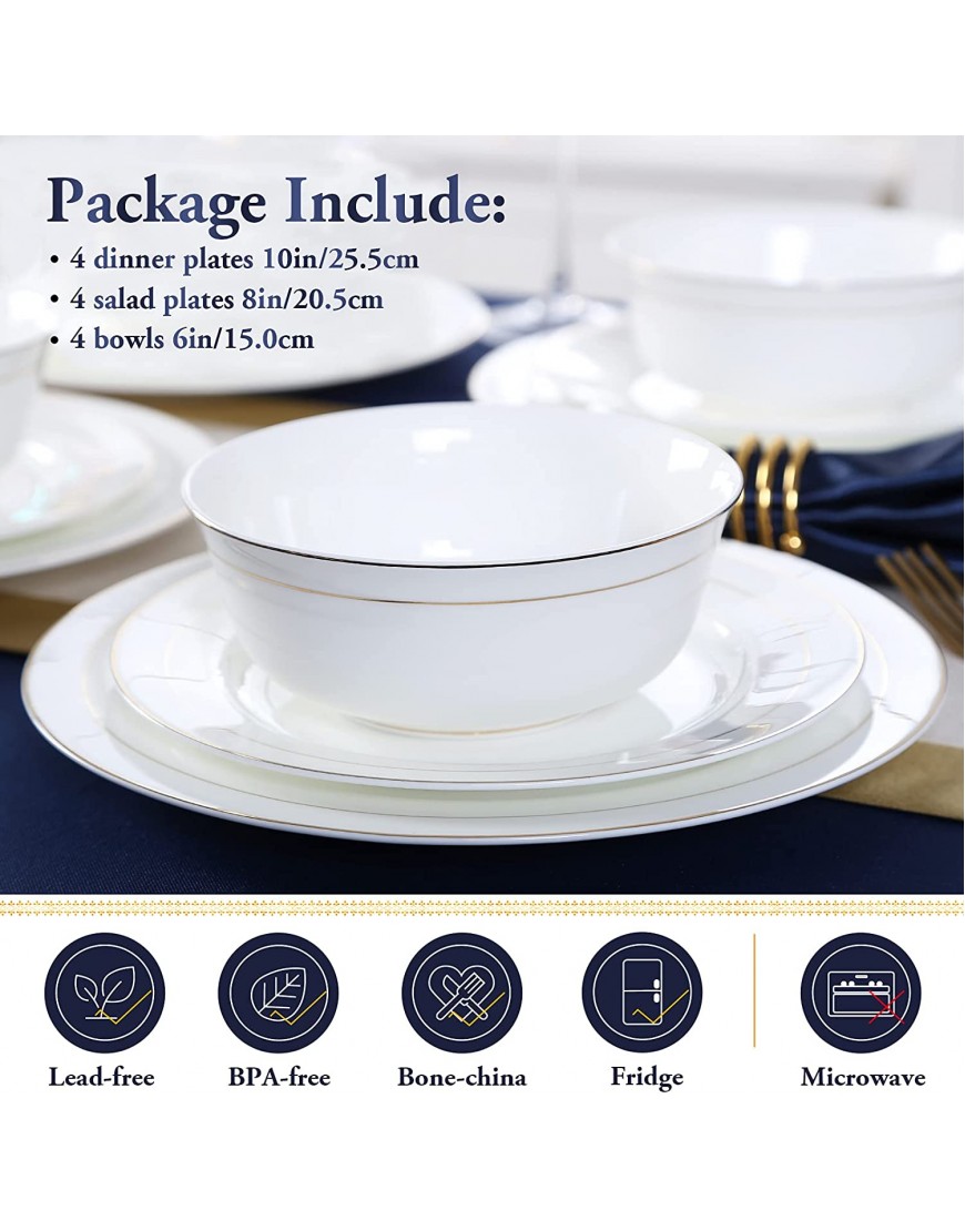 DUJUST 1st-Class Bone-china Dinnerware Sets for 4 Luxury Design with Handcrafted Golden Trim Top Grade Porcelain Bright white Plates and Bowls Sets 12 Pieces Home Décor