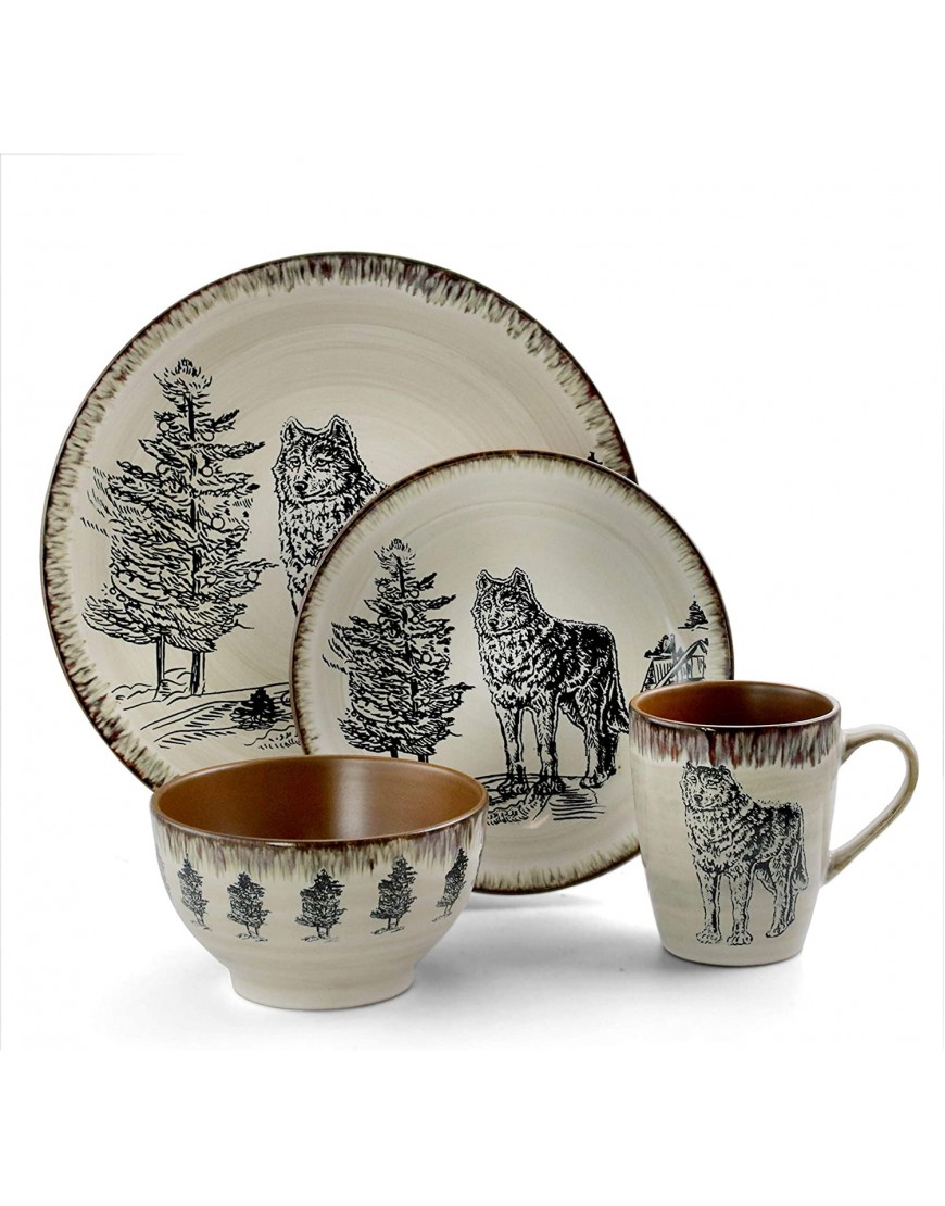 Elama Round Stoneware Cabin Dinnerware Dish Set 16 Piece Wolf Design with Warm Taupe and Brown Accents