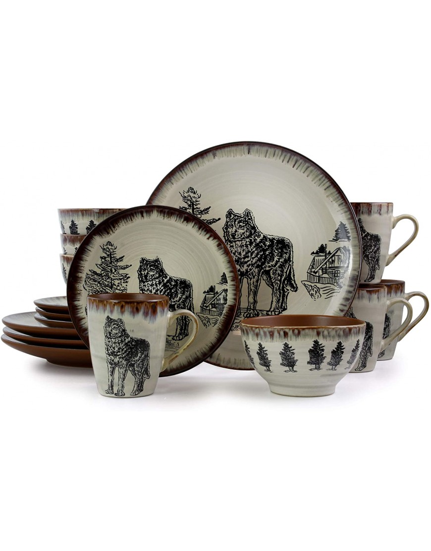 Elama Round Stoneware Cabin Dinnerware Dish Set 16 Piece Wolf Design with Warm Taupe and Brown Accents