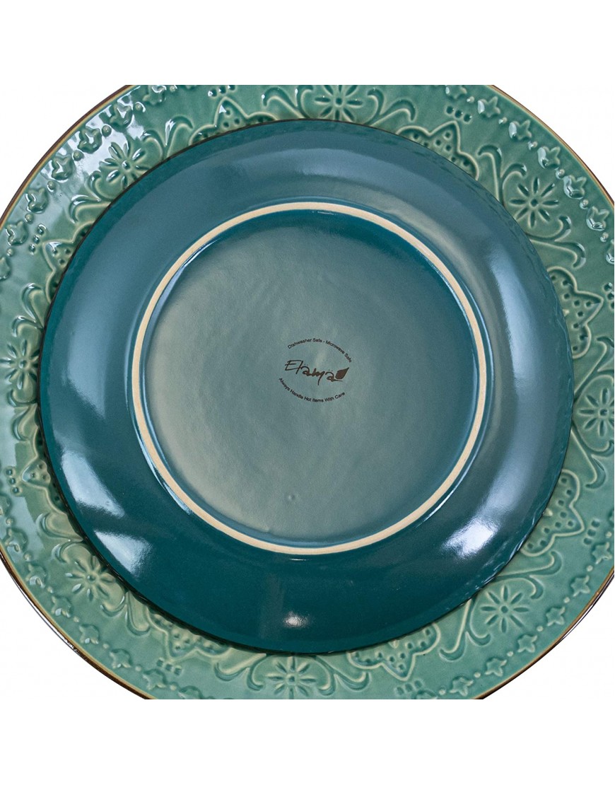 Elama Round Stoneware Embossed Dinnerware Dish Set 16 Piece Ocean Teal and Green
