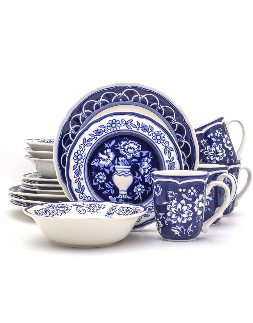 Euro Ceramica Blue Garden 16 Piece Oven Safe Hand Painted Stoneware Dinnerware Set Service for 4 Bold Vase Design Floral Pattern White