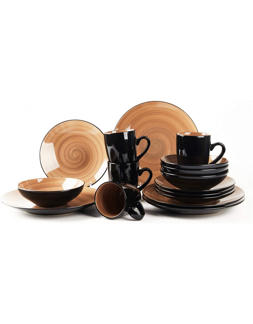 HomeVss Sonoma 16pc Stoneware Dinnerware Set Outside Black + Inside Hand Painting Color Mocha