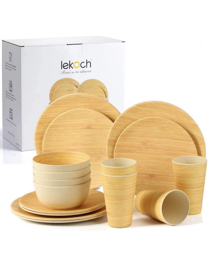 LEKOCH 16-Piece Bamboo Tableware Set for 4 Dinnerware Set Include Dinner & Salad Plate Cup Bowl4 Guests Wood Grain