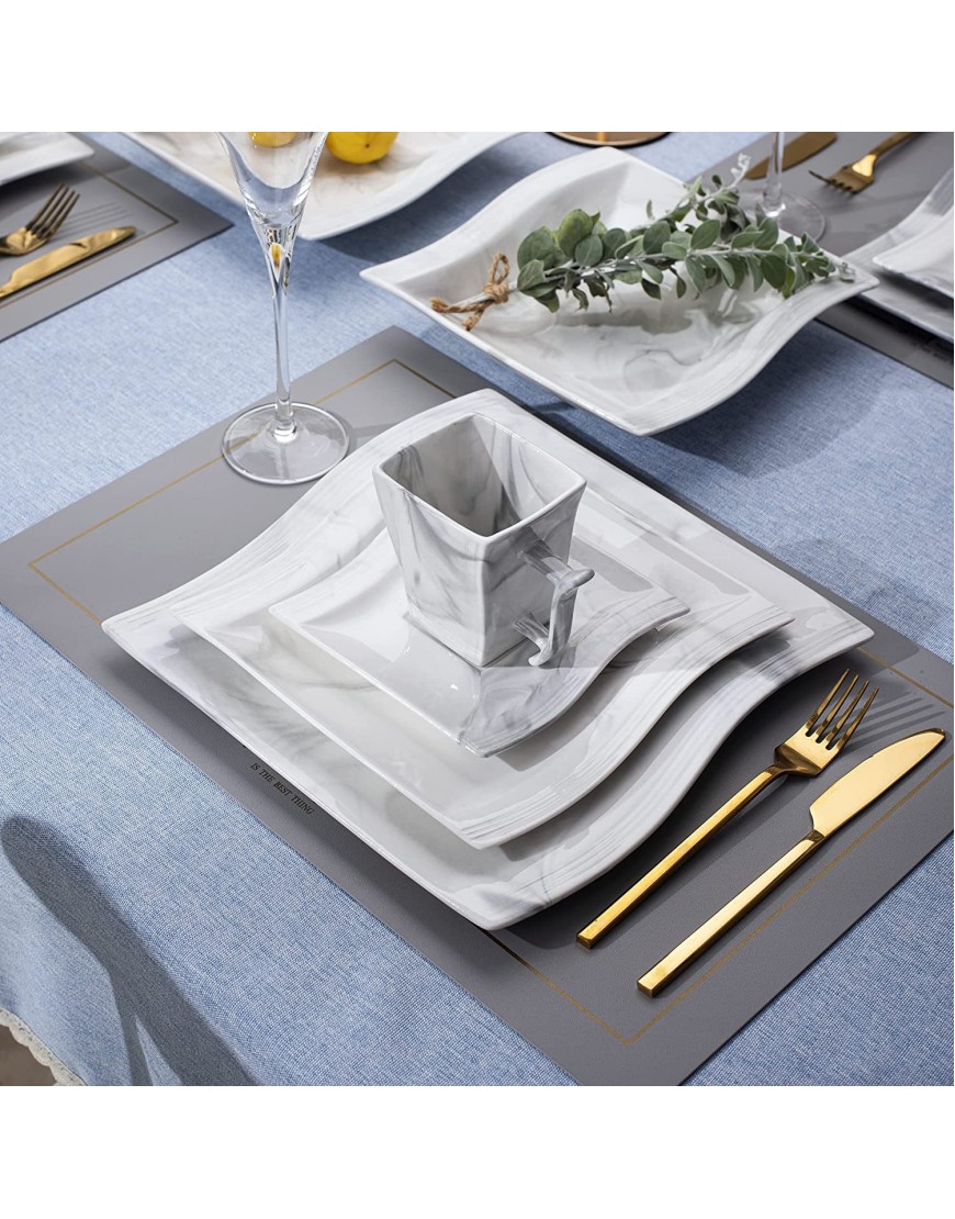 MALACASA Dinnerware Set 30 Piece Porcelain Marble Grey Dinnerware Sets Square Plates and Bowls Dishes Set Cups and Saucers Set Ceramic Modern Dinnerware Set for 6 Series Flora