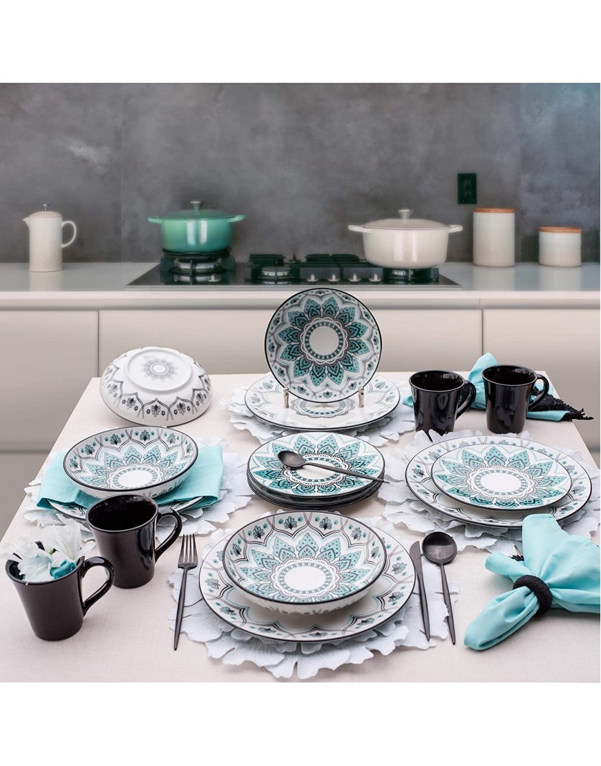 Manhattan Comfort Coup 24-Piece Microwave and Oven Safe Dinnerware Set with Floral Patterns Service for 6 Blue Black