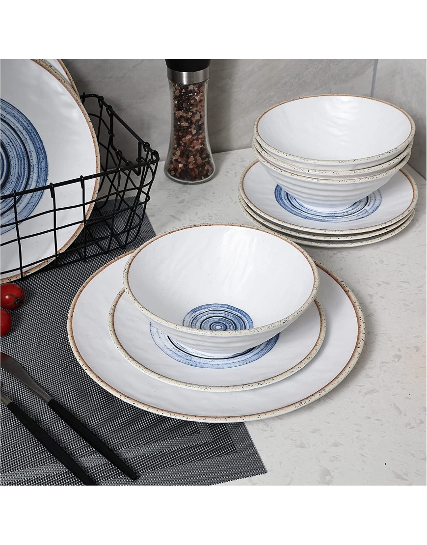 Melamine Dinnerware Set- 12pcs Classic Concise Retro Plates and Bowls Set Service for 4 Dishwasher Safe Blue Vortex