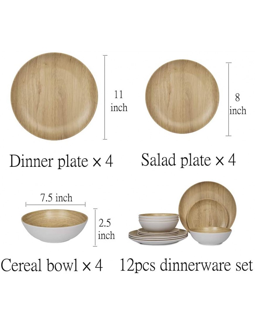 Melamine Dinnerware Set 12pcs dinnerware set Indoor and Outdoor use Bamboo Pattern Dishes Dinnerware Set for 4,Dishwasher Safe Wood Grain