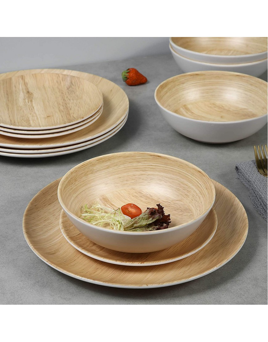 Melamine Dinnerware Set 12pcs dinnerware set Indoor and Outdoor use Bamboo Pattern Dishes Dinnerware Set for 4,Dishwasher Safe Wood Grain
