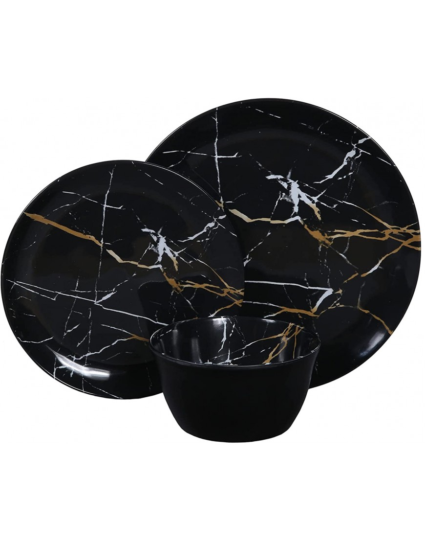 Melamine Dinnerware Set 12pcs Plates and Bowls Sets Best for Indoor and Outdoor Party BPA-Free Dishwasher Safe Kitchen Dinner Set with Black Marble Pattern