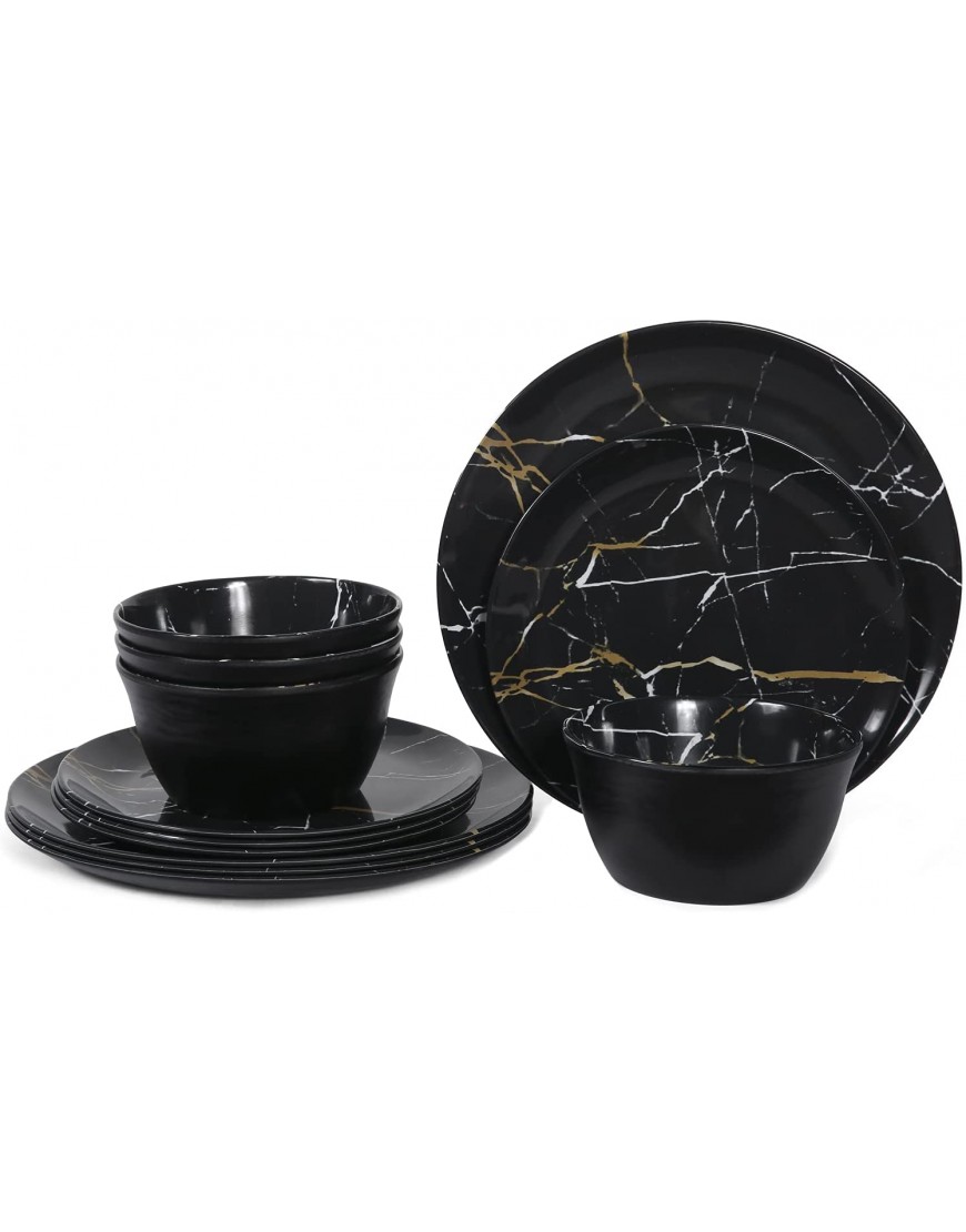 Melamine Dinnerware Set 12pcs Plates and Bowls Sets Best for Indoor and Outdoor Party BPA-Free Dishwasher Safe Kitchen Dinner Set with Black Marble Pattern