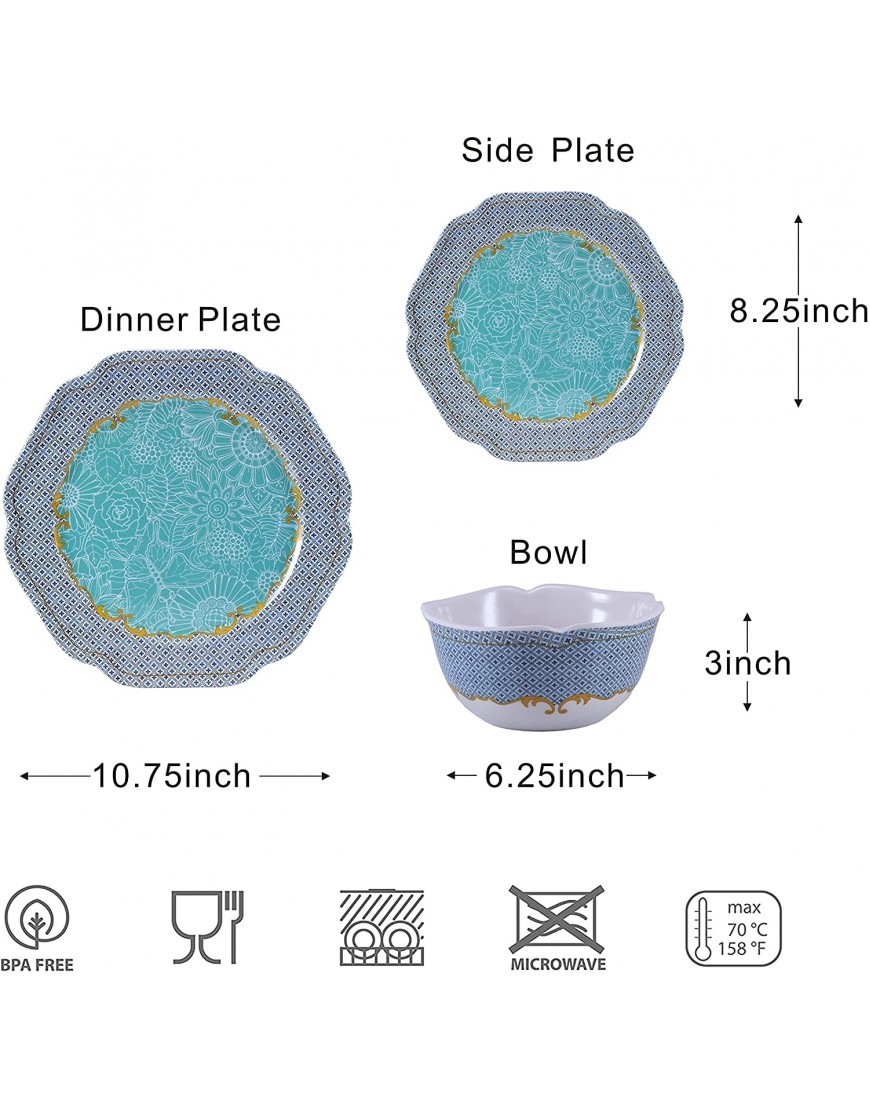 Melamine Dinnerware Set Melamine Dishes Plates Bowls 12PCS Dinnerware Set for 4 Green Color Strong Dishwasher Safe Classic Style
