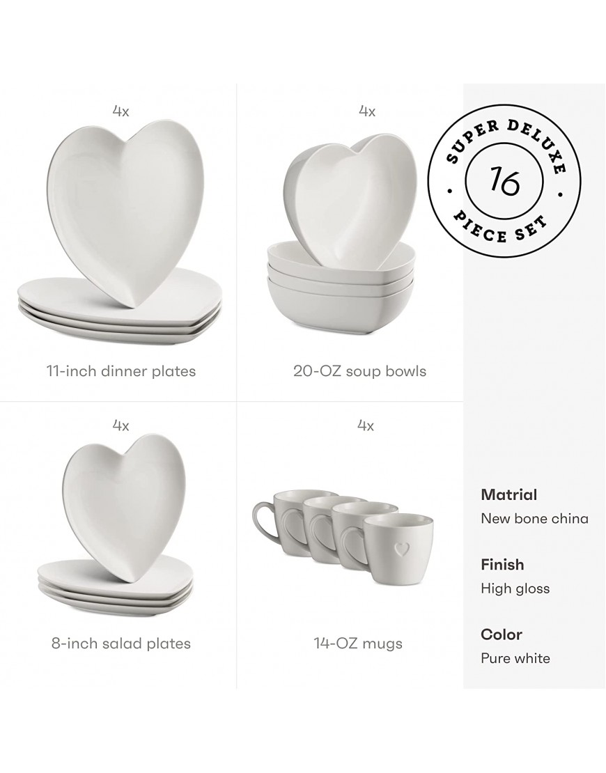Mitbak 16 PC Dinnerware sets |Heart Shaped Elegant Plates And Bowls Sets For Valantines Day | Dinner Salad Soup Plates And Mugs | White Dishes Make An Excellent Gift Idea
