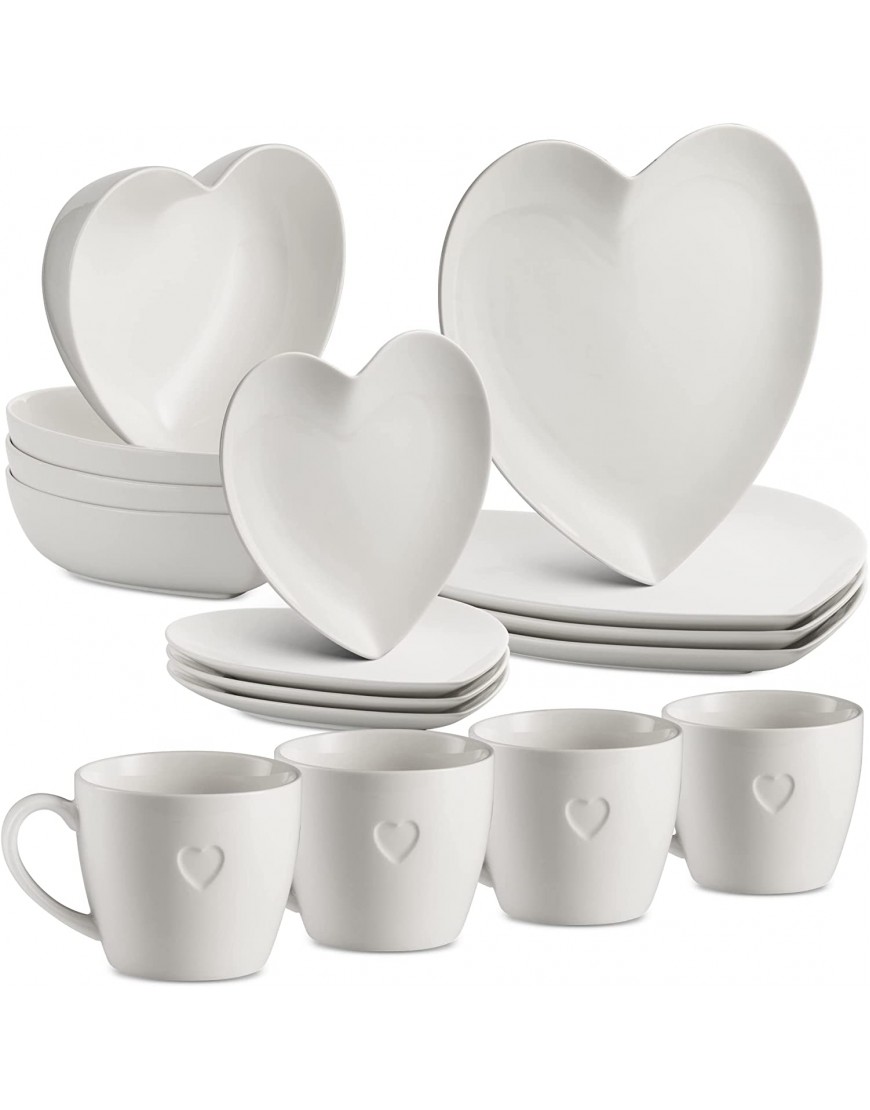 Mitbak 16 PC Dinnerware sets |Heart Shaped Elegant Plates And Bowls Sets For Valantines Day | Dinner Salad Soup Plates And Mugs | White Dishes Make An Excellent Gift Idea