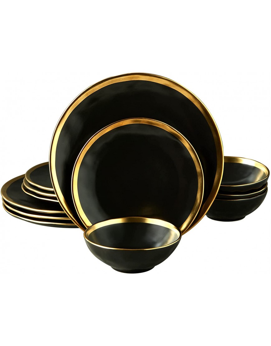 Pokini Matte Black Porcelain Dinnerware Set 12 Piece Service for 4 Dishes Round Plates Bowls Golden Rim Dish Set for Home Decor