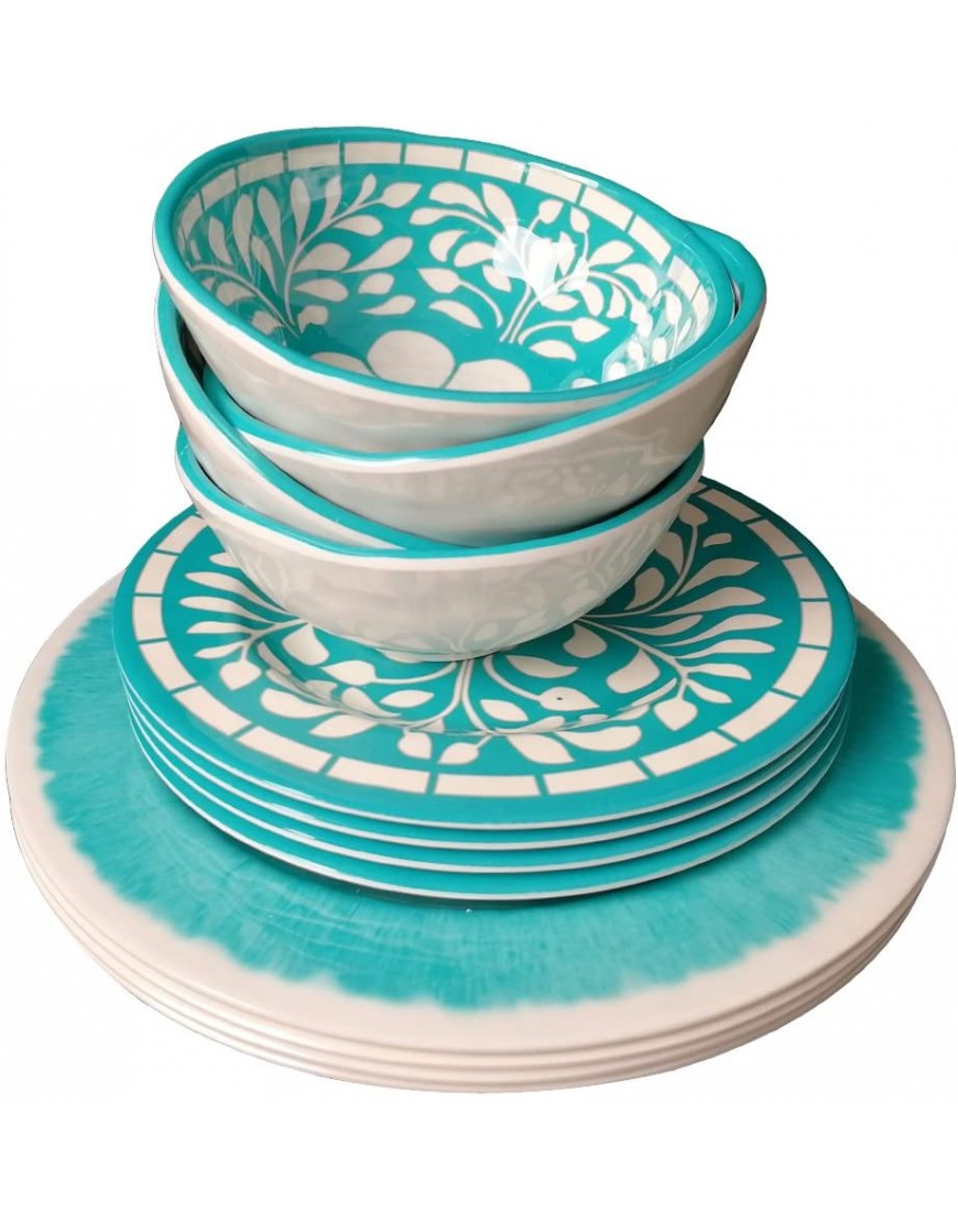Teal Dinnerware Set Melamine 12 Piece Dinner Dishes Set for Camping Use Lightweight
