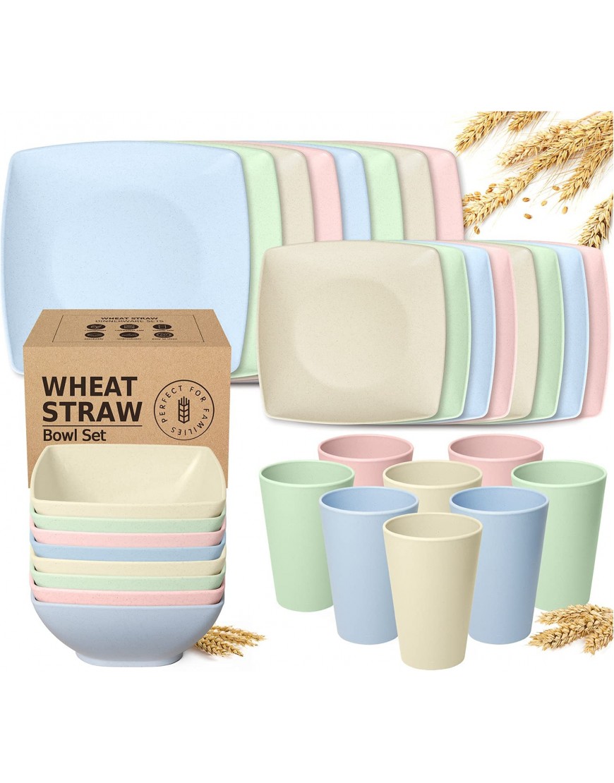 Teivio 32-piece Wheat Straw Square Dinnerware Set for 8 Unbreakable Dinner Plates 10.6'' Salad Plates 8.6'' Snack Bowls 6'' Tumblers 20 oz Dishwasher Safe MultiColor