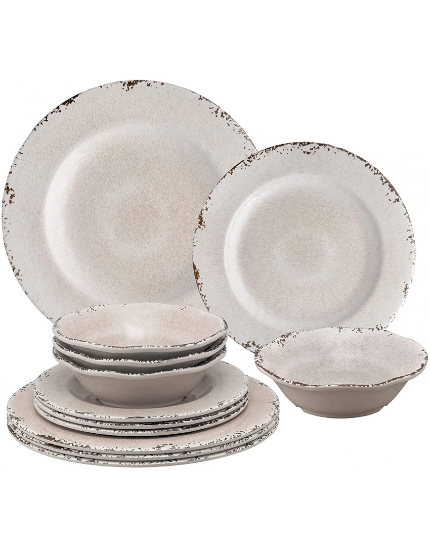 UPware 12-Piece Melamine Dinnerware Set Includes Dinner Plates Salad Plates Bowls Service for 4. Crackle Cream