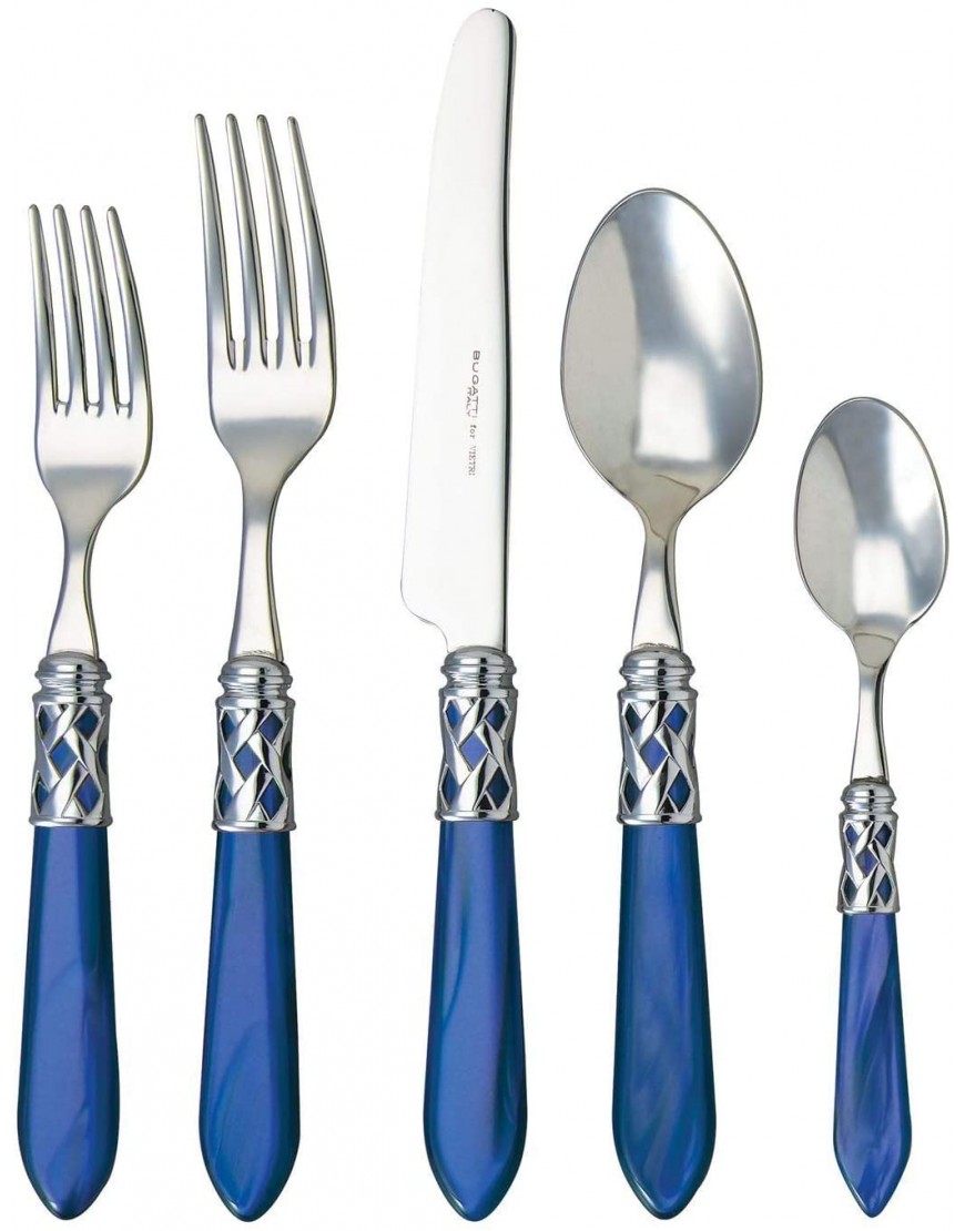 Vietri Aladdin Italian Flatware 18 10 Stainless Steel Brilliant Finish Including Place Knife Place Fork Place Spoon Teaspoon and Salad Fork Blue