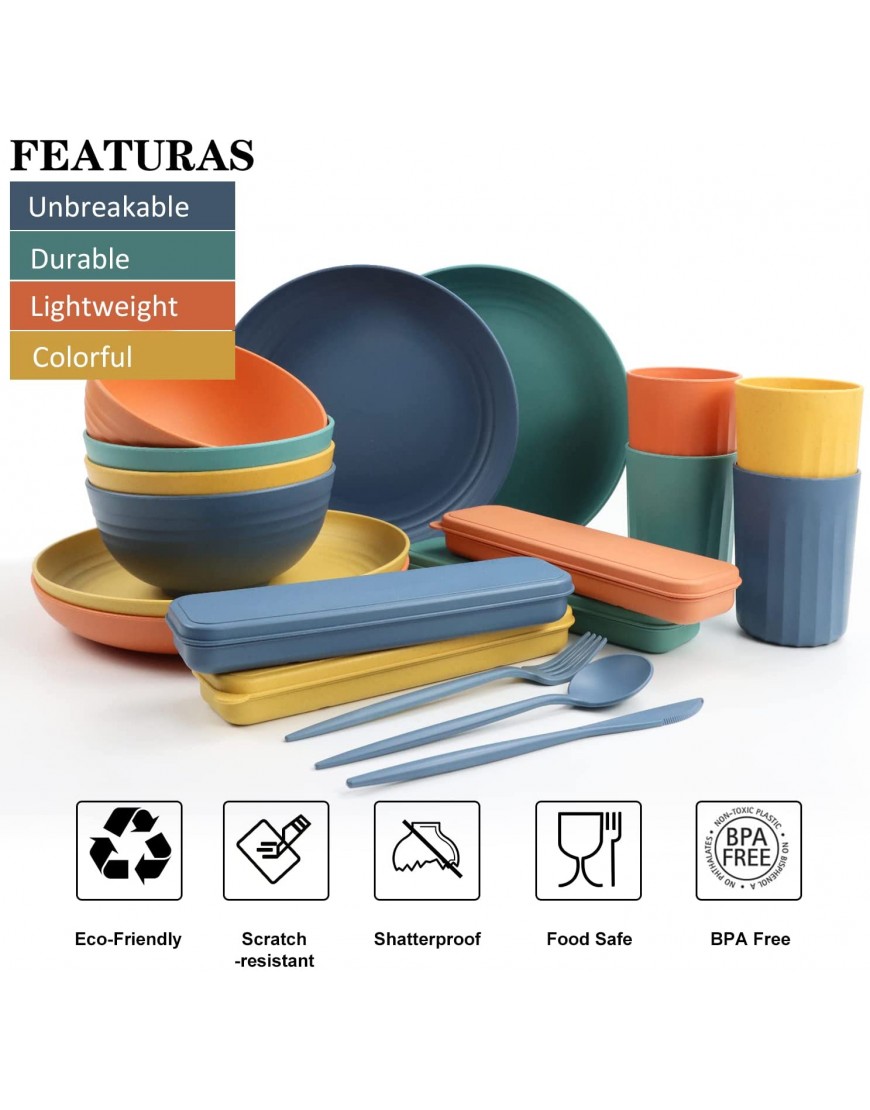 Wheat Straw Dinnerware Sets PYRMONT Microwave Safe Dinnerware & Unbreakable Plates Sets-28 PCS Reusable Dishware Sets Lightweight Camping Dishes Plates Cups and Bowls Sets for 4