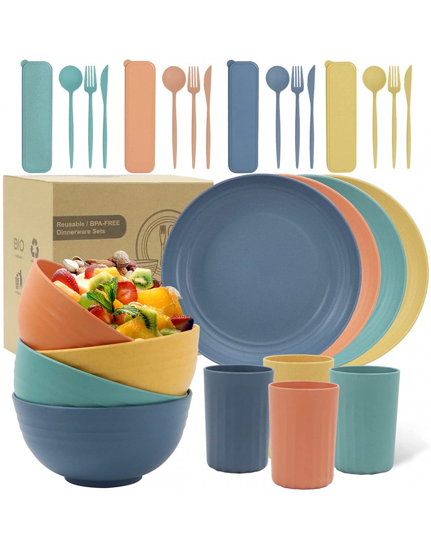 Wheat Straw Dinnerware Sets PYRMONT Microwave Safe Dinnerware & Unbreakable Plates Sets-28 PCS Reusable Dishware Sets Lightweight Camping Dishes Plates Cups and Bowls Sets for 4