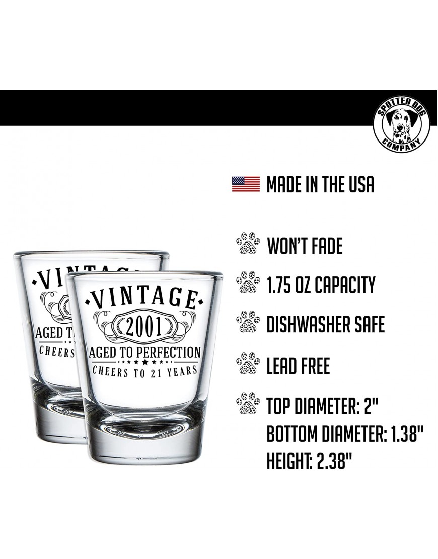 2pk Vintage 2001 Printed 2oz Shot Glasses 21st Birthday Aged to Perfection 21 years old gifts