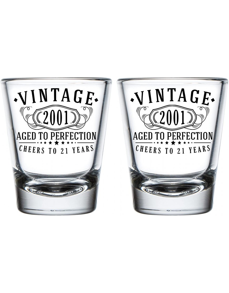2pk Vintage 2001 Printed 2oz Shot Glasses 21st Birthday Aged to Perfection 21 years old gifts