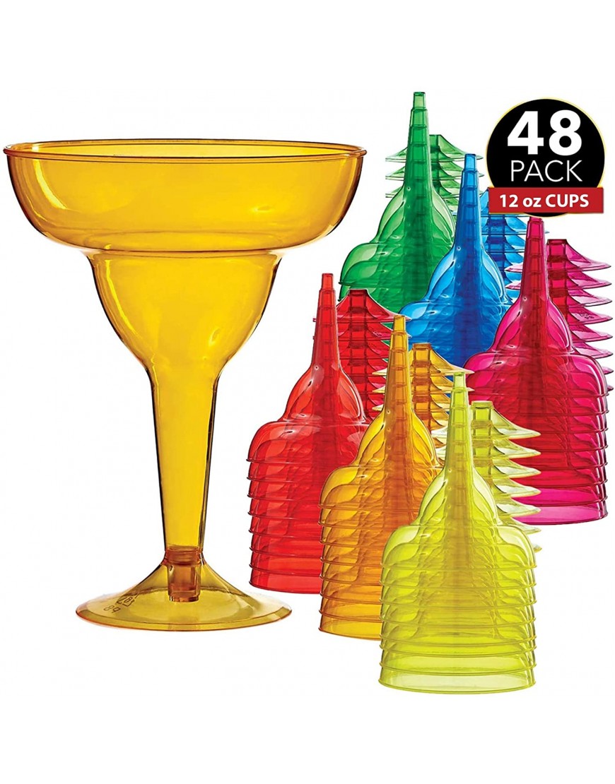 48 Plastic Margarita Glasses 12 oz. | Hard Assorted Colors Plastic Cocktail Cups | Disposable Party Cups | Large Margarita Glasses | Plastic Cocktail Coupe | Frozen Drink Cups