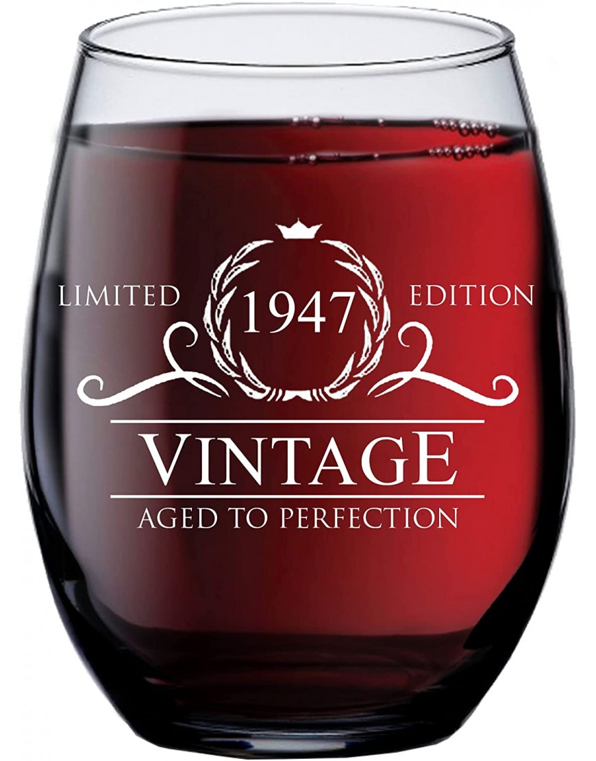 75th Birthday Gifts for Women Men 1947 Vintage 15 oz Stemless Wine Glass 75 Year Old Birthday Party Decorations Seventy-Fifth Anniversary Presents for Parents Seventy Five Class Reunion Ideas