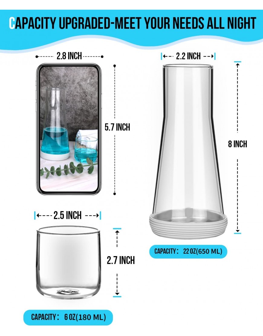 Bedside Water Carafe with Glass Night Water Carafe Set with Tumbler Glass Clear Nightstand Carafe with Silicone Coaster for Bedroom and Guest Room Glass Mouthwash Decanter for Bathroom 22 OZ