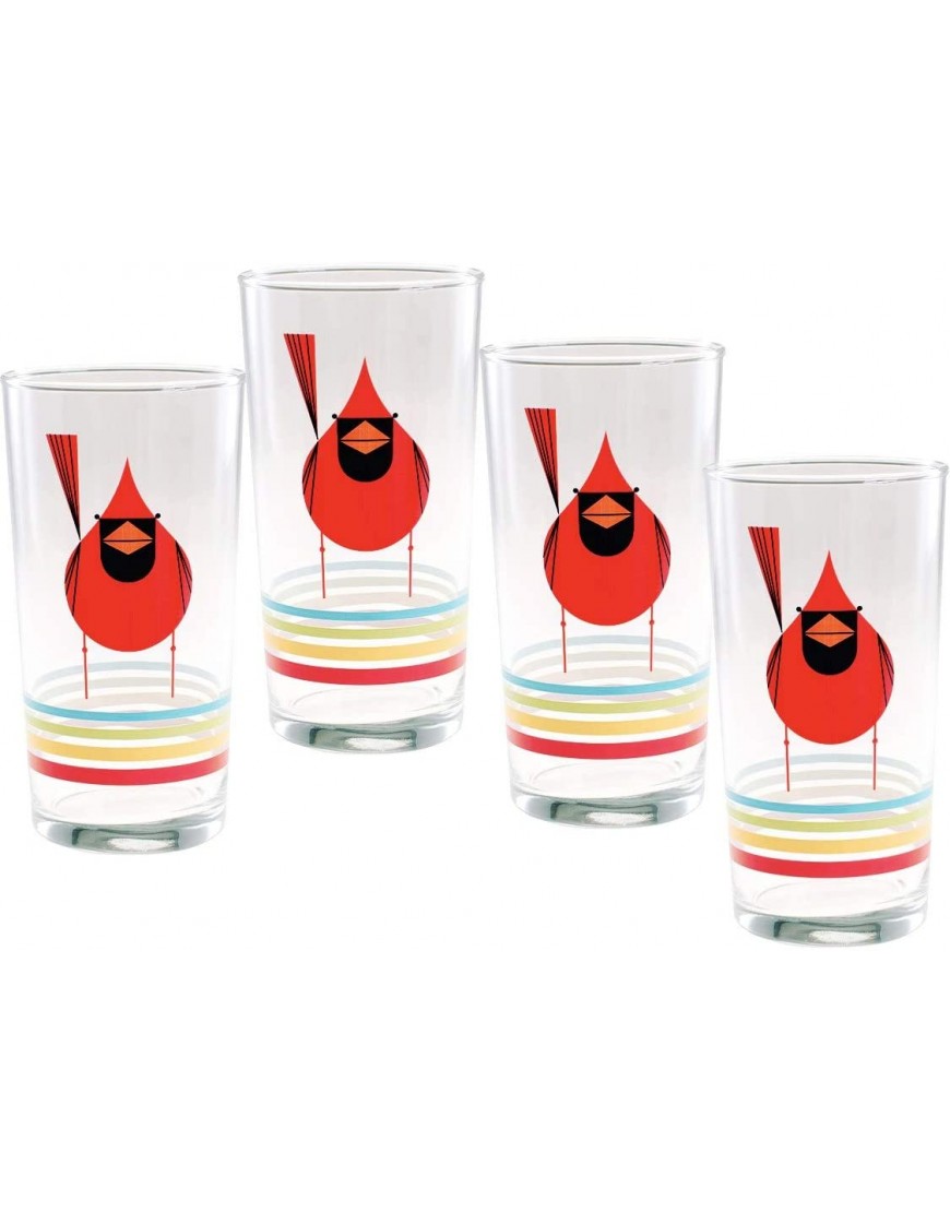 Charley Harper Glasses Cardinal Close-Up with Stripes Set of 4