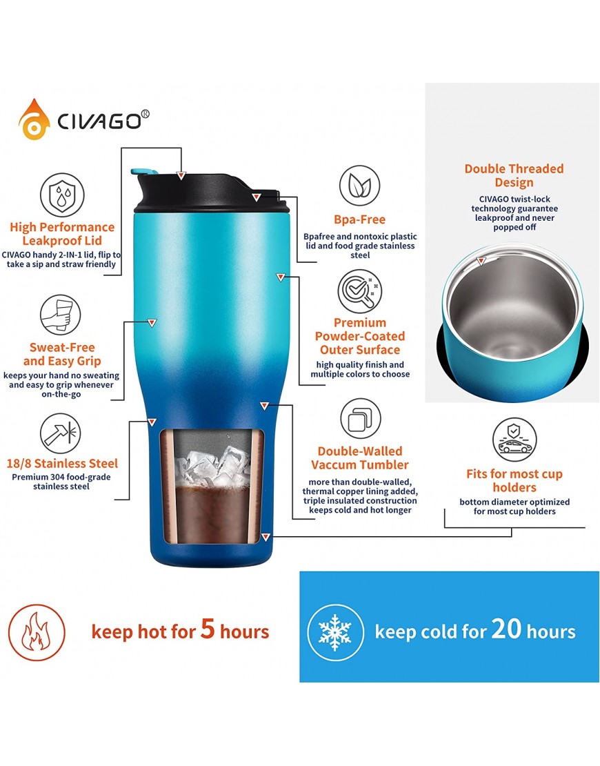 CIVAGO 30 oz Tumbler with Straw and Lid 2-IN-1 Lid Stainless Steel Insulated Vacuum Coffee Tumbler Cup Double Wall Leakproof Travel Mug Black Glitter