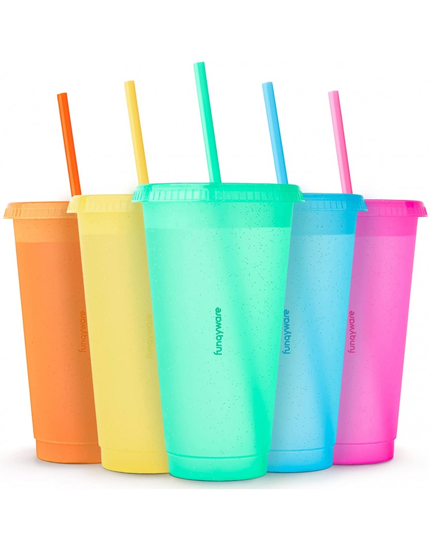 Cups with Lids and Straws for Adults 5 Glitter Reusable Cups with Lids and Straws in Rainbow Colors 24 oz Iced Coffee & Bulk Party Tumblers Plastic Tumbler with Lid and Straw for Water & Smoothie