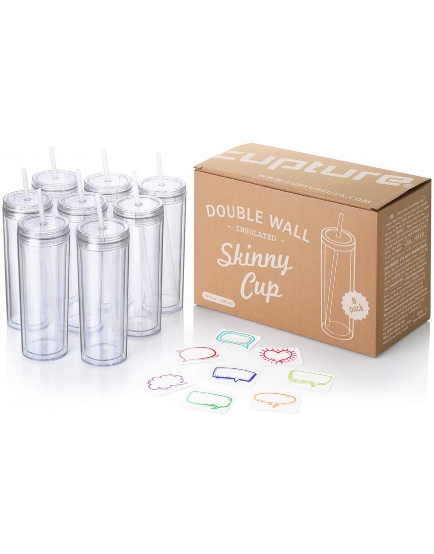 Cupture Skinny Acrylic Tumbler Cups with Straws 18 oz 8 Pack Clear