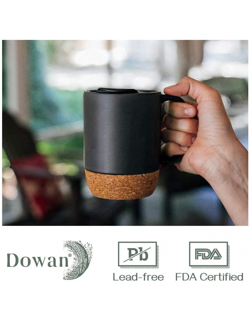DOWAN 15 oz Coffee Mugs Set of 2 Large Ceramic Mugs with Insulated Cork and Splash Proof Mug Lid Large Coffee Mug with Handle Big Tea Cup for Men Women,Matte Grey
