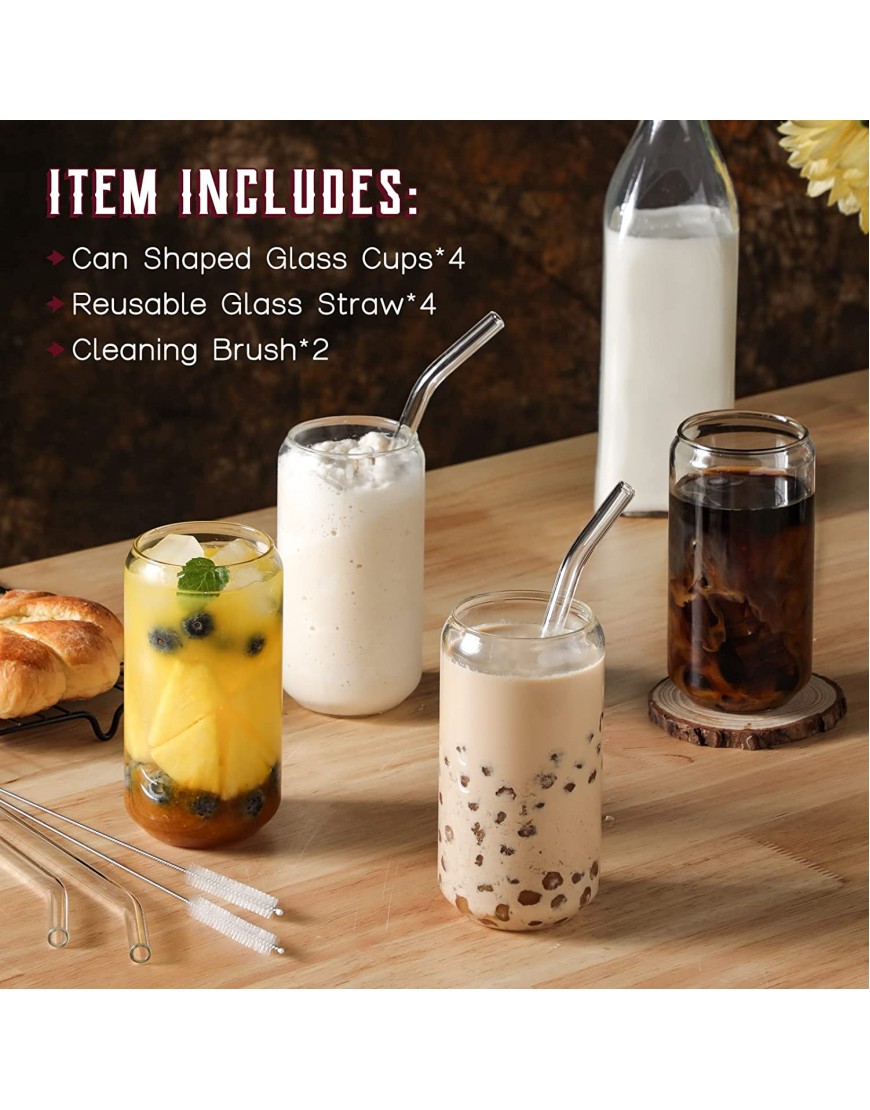 Drinking Glasses with Glass Straw 4pcs Set 16oz Can Shaped Glass Cups Beer Glasses Iced Coffee Glasses Cute Tumbler Cup Ideal for Whiskey Soda Tea Water Gift 2 Cleaning Brushes