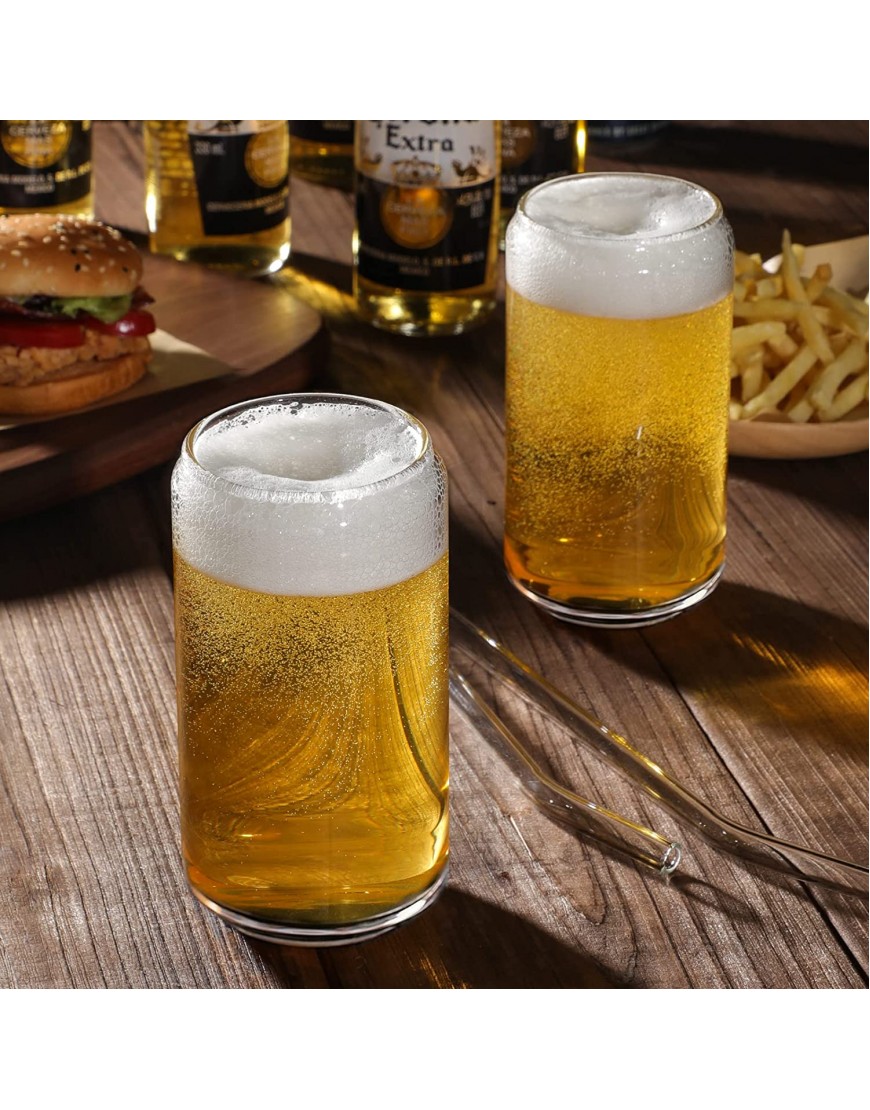 Drinking Glasses with Glass Straw 4pcs Set 16oz Can Shaped Glass Cups Beer Glasses Iced Coffee Glasses Cute Tumbler Cup Ideal for Whiskey Soda Tea Water Gift 2 Cleaning Brushes