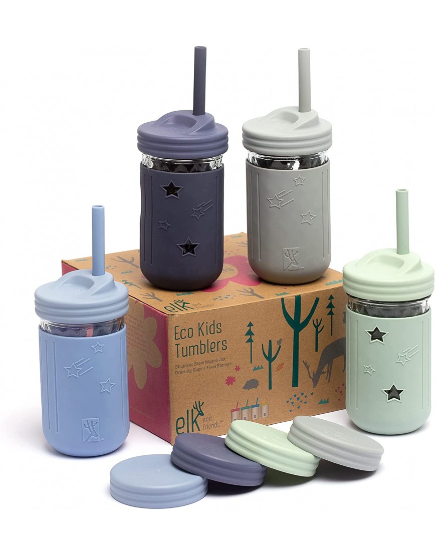 Elk and Friends Kids & Toddler Cups | The Original Glass Mason Jars 12 oz with Silicone Sleeves & Silicone Straws | Smoothie Cups | Spill Proof Cups