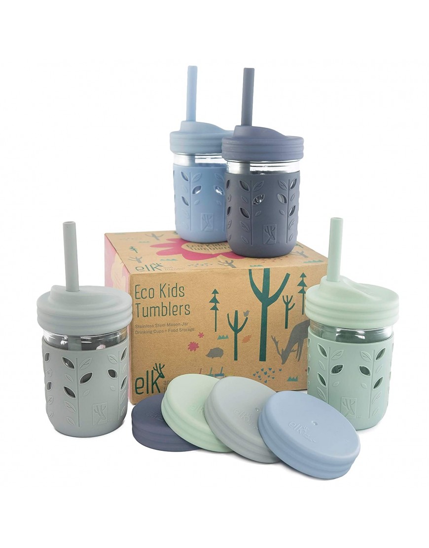Elk and Friends Kids & Toddler Cups | The Original Glass Mason Jars 8 oz with Silicone Sleeves & Silicone Straws with Stoppers | Smoothie Cups | Spill Proof Sippy Cups for Toddlers