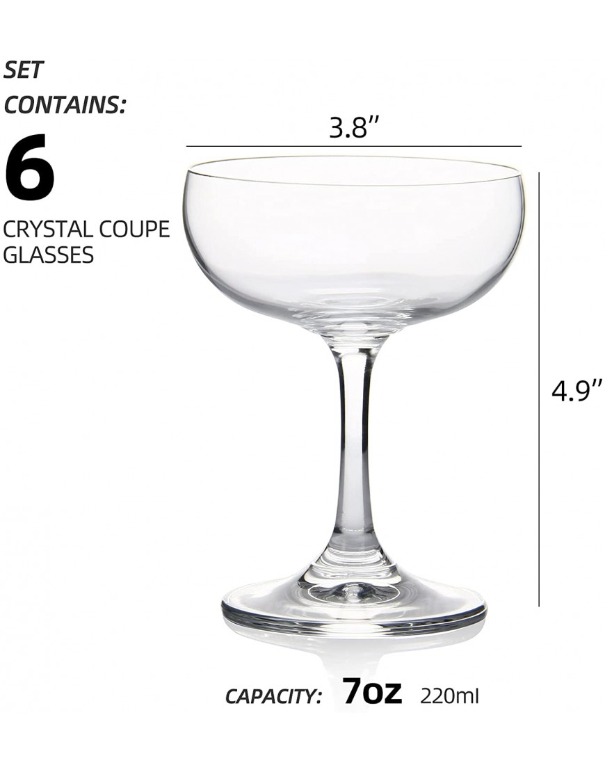 FAWLES Crystal Coupe Glasses Set of 6 7 Ounce220ml Elegant Short Stem Design Clear Cocktail Glasses Sets Perfect for Drinking Champagne Sweet Wine etc.