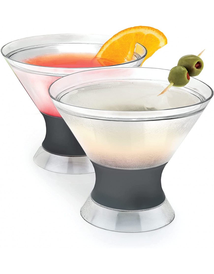 HOST Freeze Insulated Martini Cooling Cups Plastic Freezer Gel Chiller Double Wall Stemless Cocktail Glass Set of 2 9 oz Grey