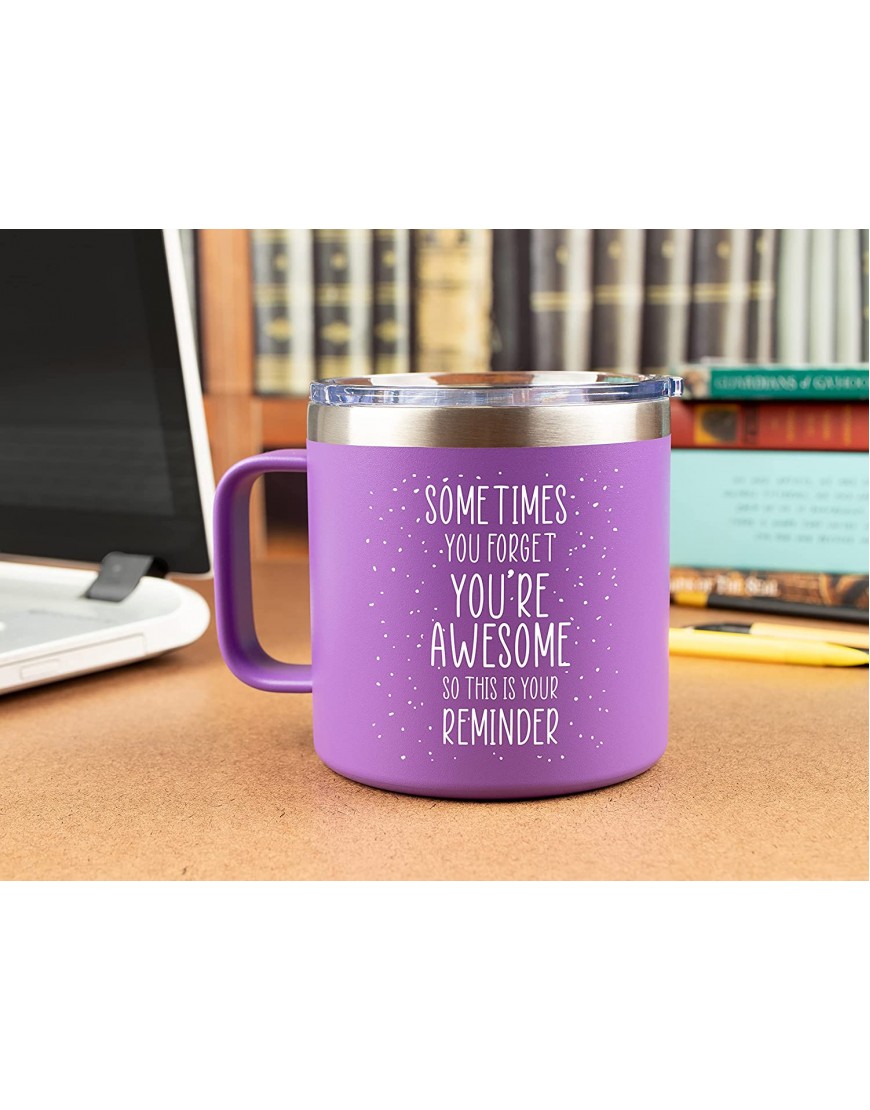 Inspirational Gifts for Women –Stainless Steel Coffee Purple Mug Tumbler 14oz “Sometimes You Forget You’re Awesome” – Gift Idea for Proud of You Cheer Up Coworker Motivational Best Friend Her