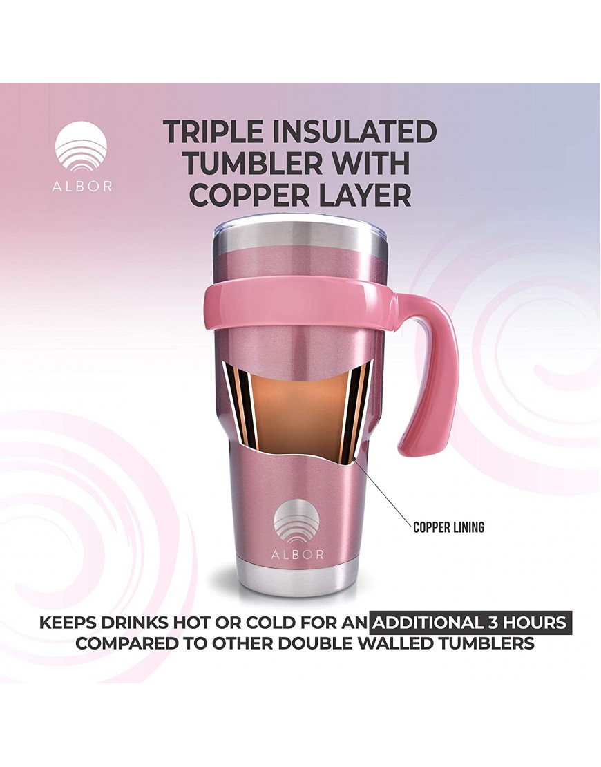 Insulated Tumbler with Lid and Straw 30 oz Insulated Coffee Mug with Handle Travel Coffee Mug Triple Insulated Technology with 2 Lids 2 Metal Straw Brush and Storage Bag by Albor Rose Gold